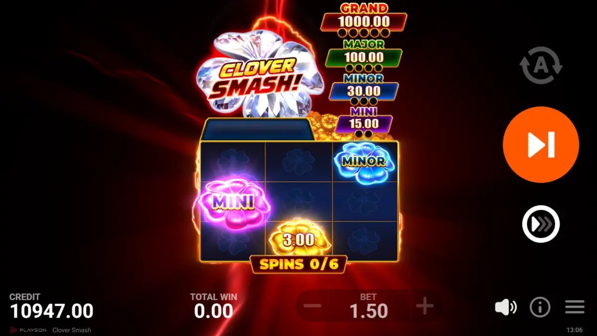 Free Spins reels showing 3x and 7x Clover multiplier symbols with spin counter