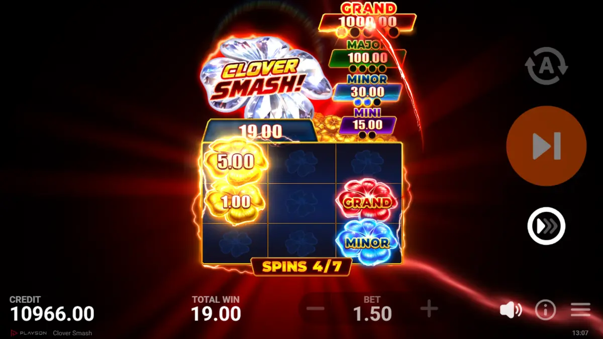 Four jackpot progress bars for Mini, Minor, Major and Grand tiers during Clover Smash Free Spins